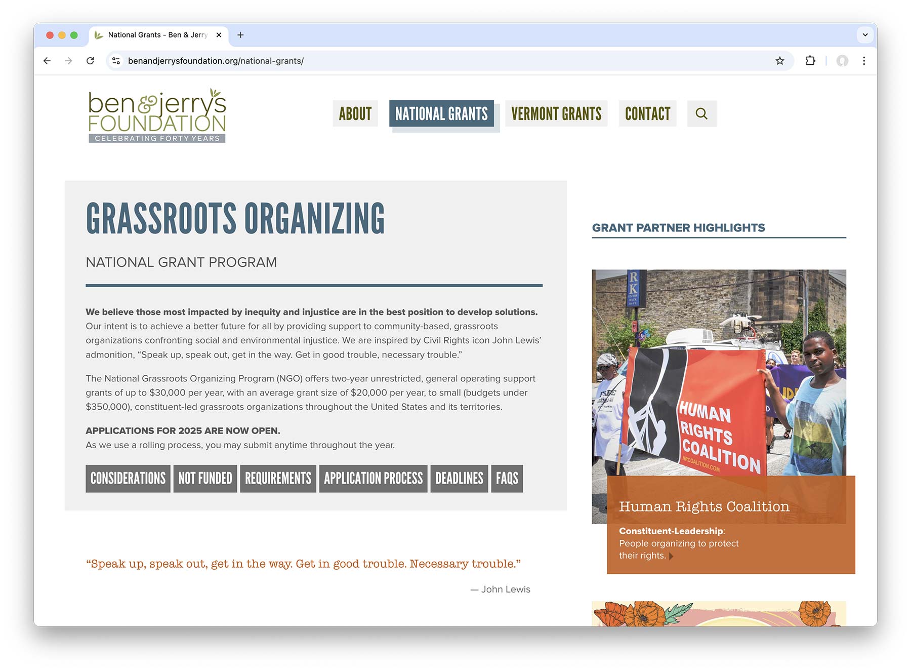 Ben & Jerry's Foundation National Grants page