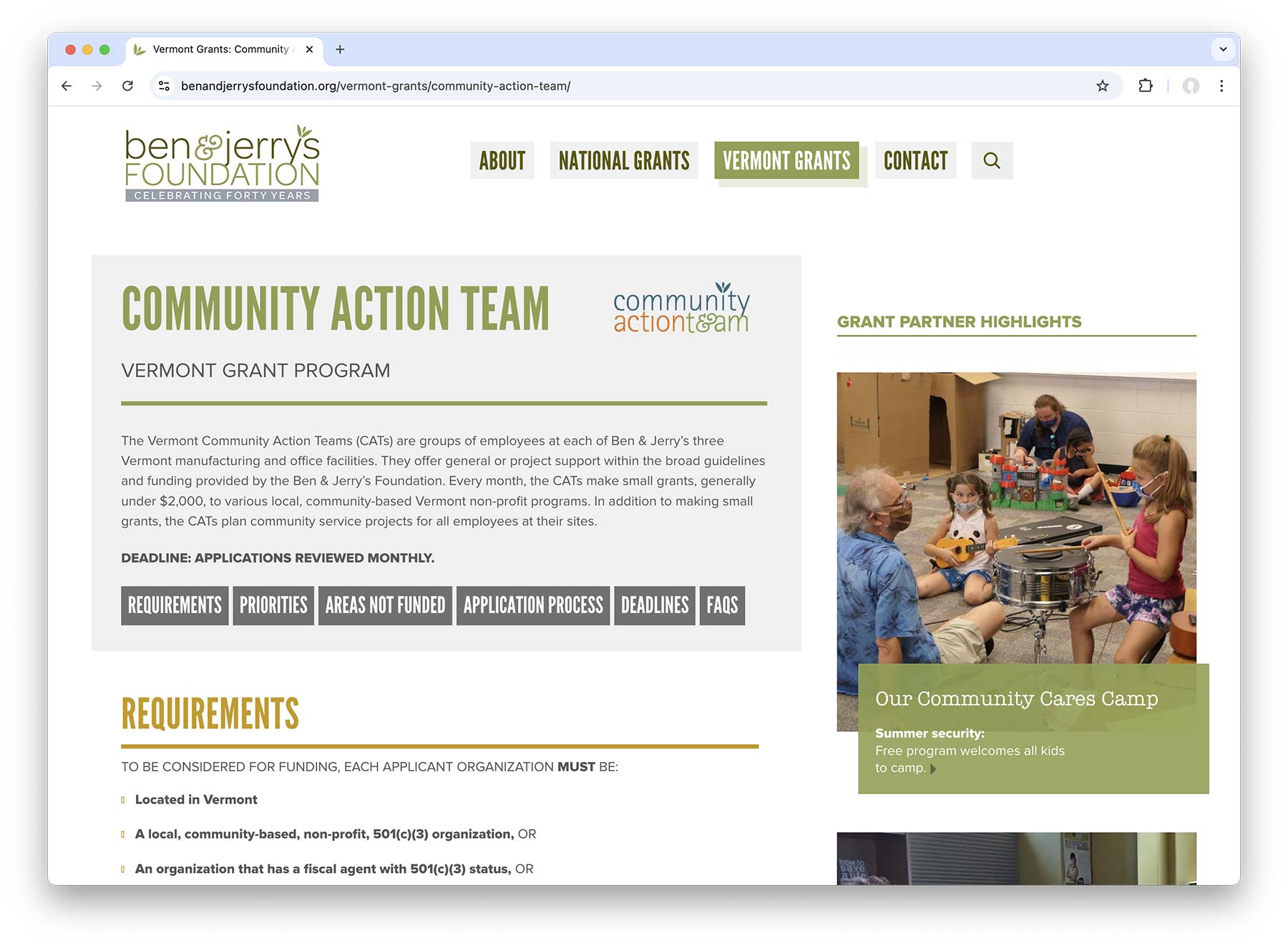 Ben & Jerry's Foundation Vermont Community Action Team grant page