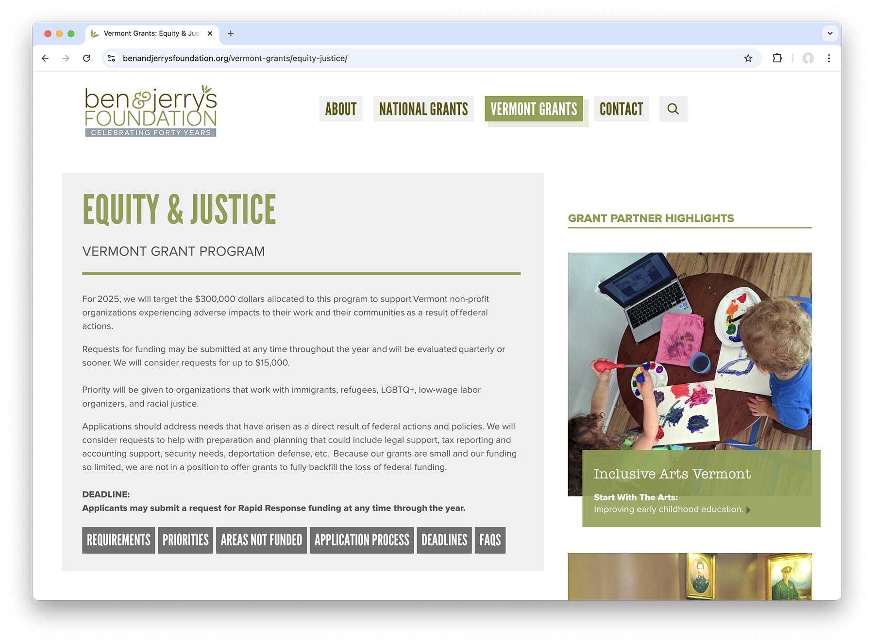 Ben & Jerry's Foundation Vermont Equity & Justice grant page